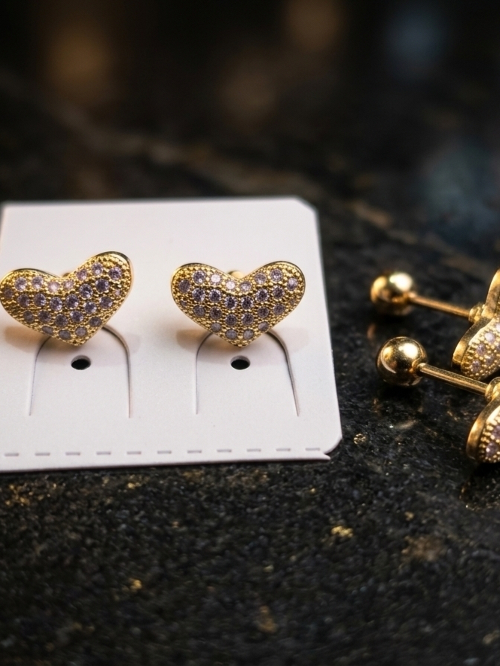 Gold Heart Stud Earrings with Light Purple Cubic Stones